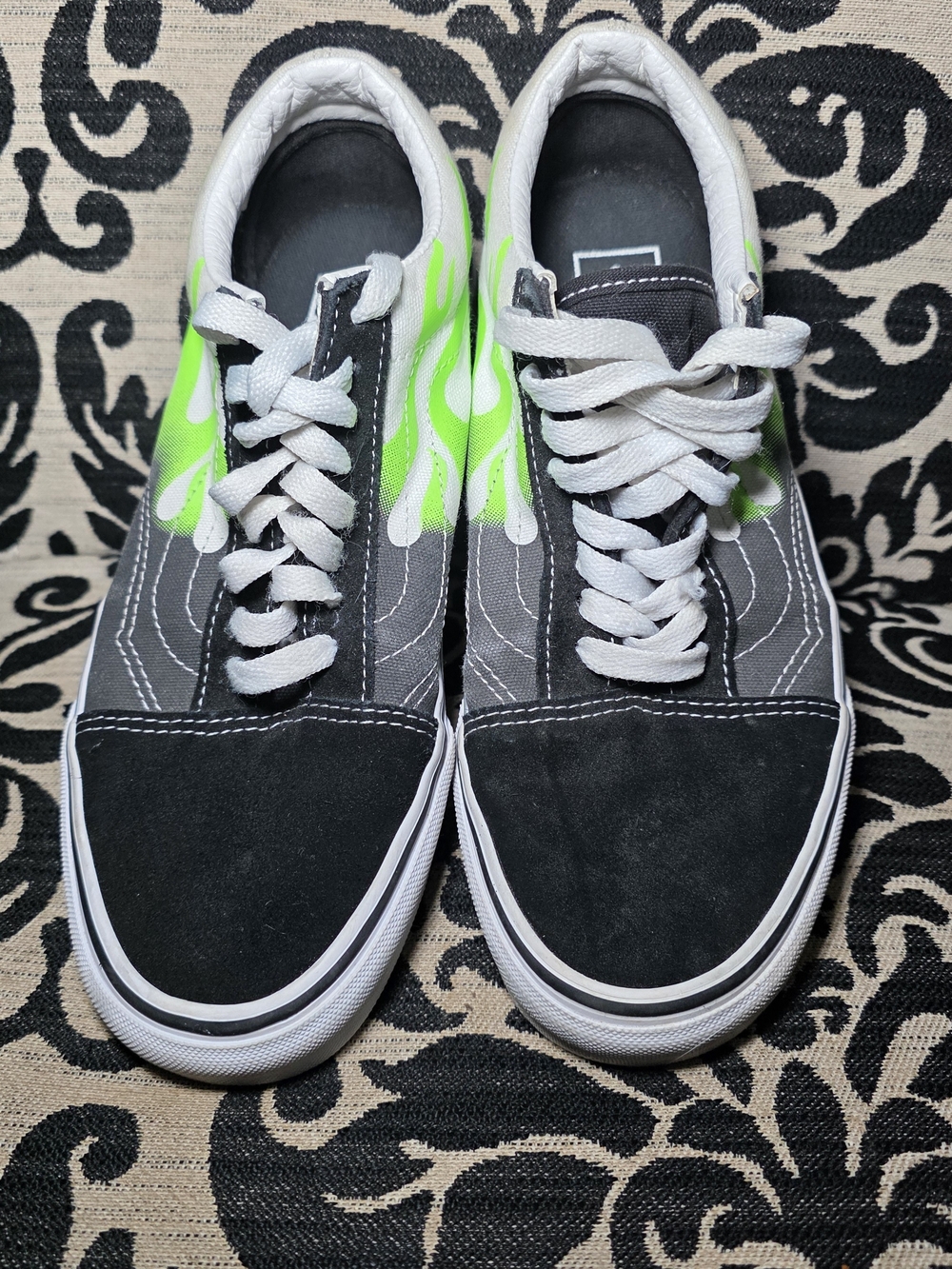 Vans Men’s Black & Neon Green Flame Old Skool Sneakers